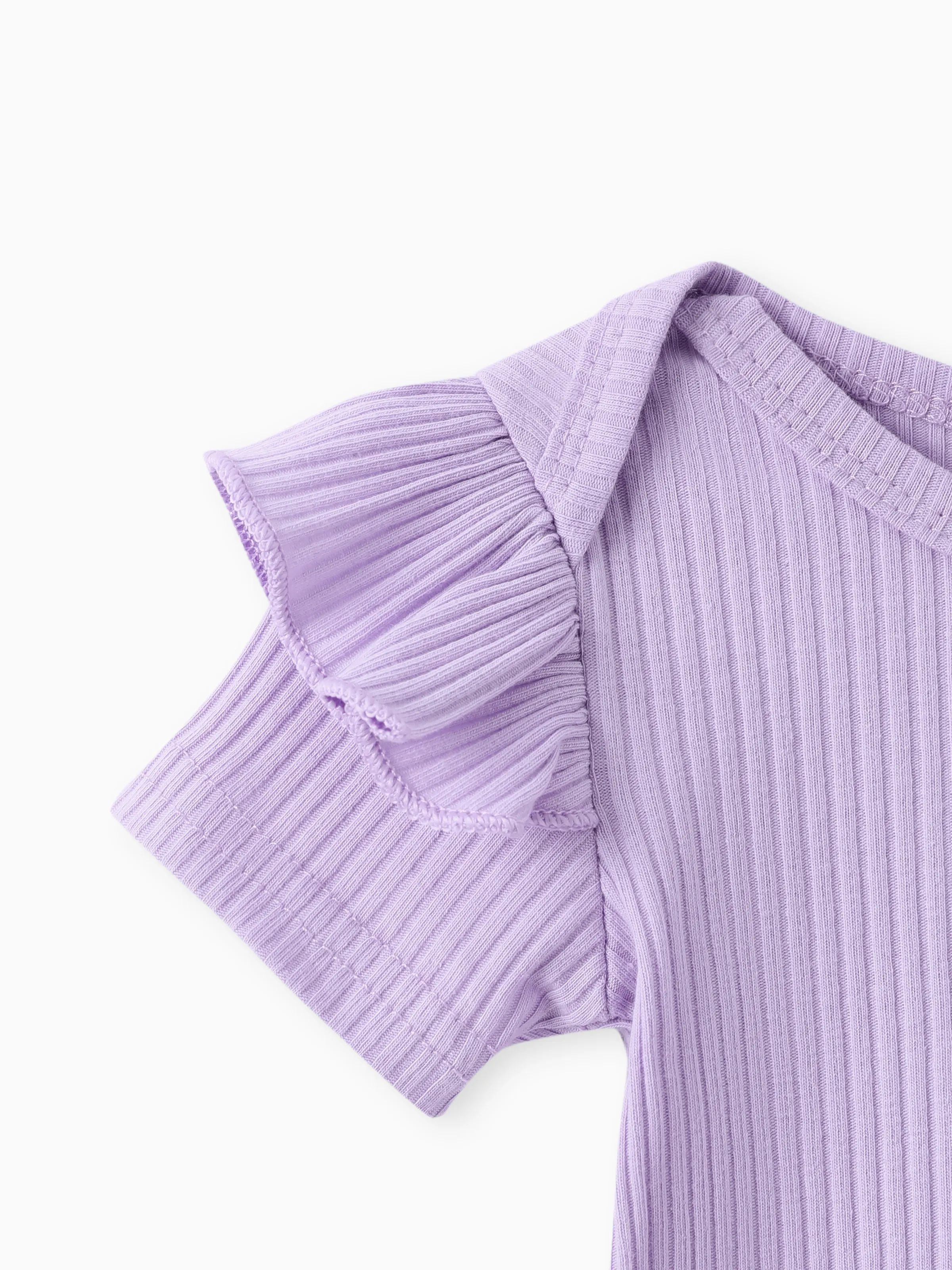 3pcs Baby Girl Ribbed Romper & Belted Shorts & Headband Set Purple - Image 5