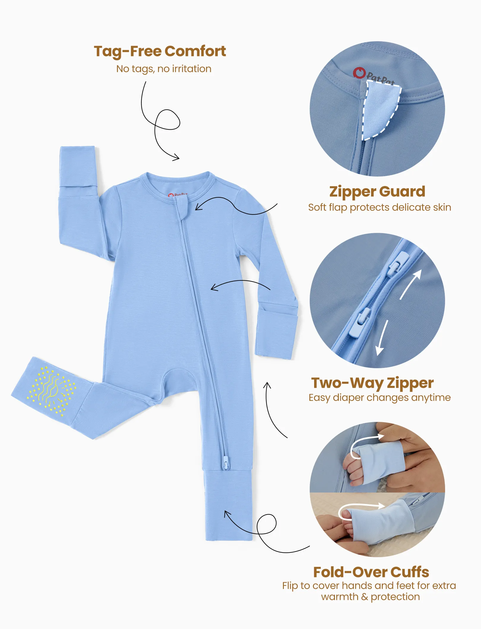 Bamboo Baby Boy/Girl 2-Pack Solid&Bee Printed 2-Way Zipper Anti Slip Footie Blue - Image 5