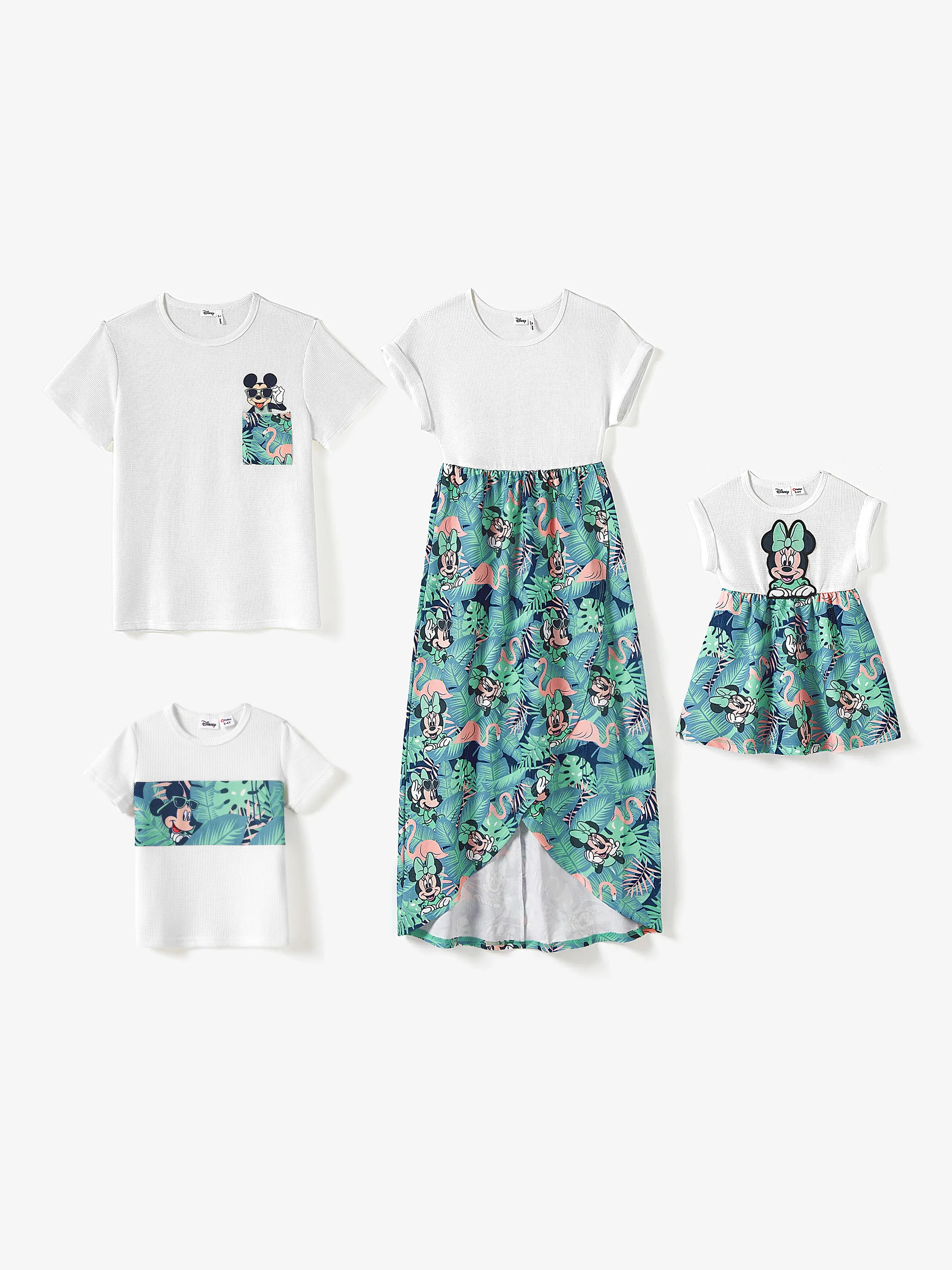 Disney Mickey and Friends Family Matching Tropical Botanical Print Waffle Fabric T-shirt/Dress greenwhite - Image 14
