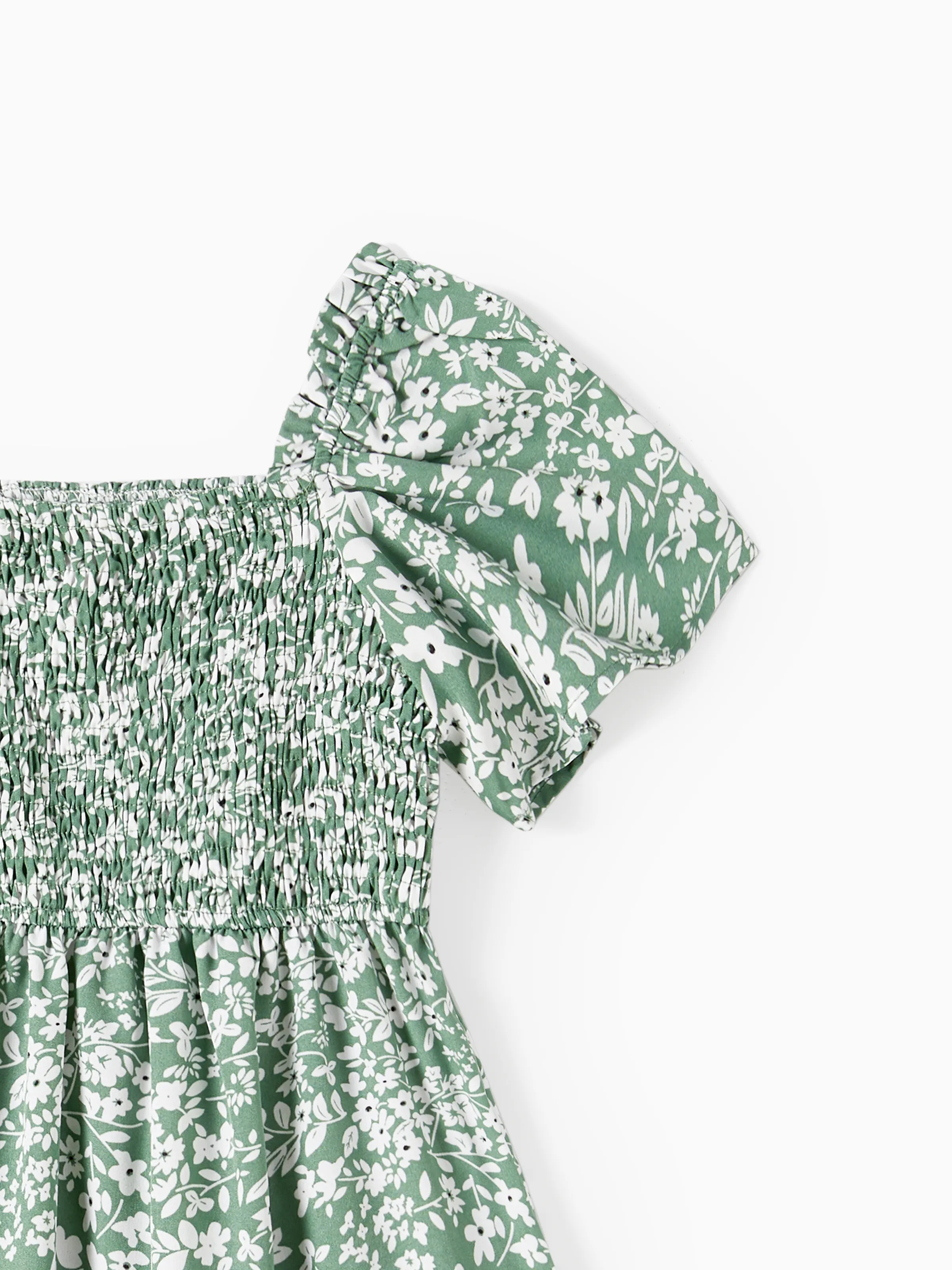 Elegant Broken Flower Matching Outfits for Family, Smocking Design, Medium Thickness Green - Image 12