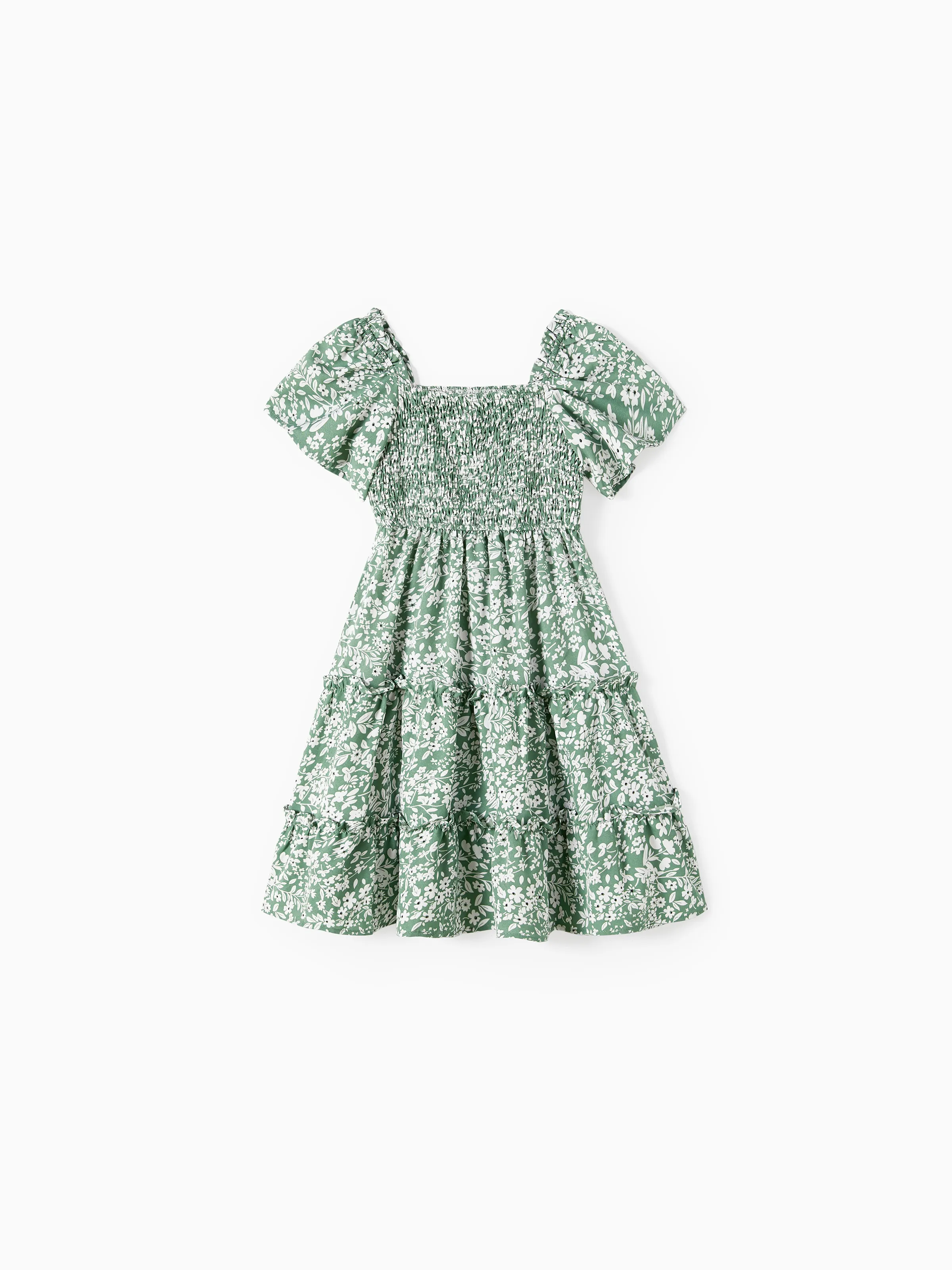 Elegant Broken Flower Matching Outfits for Family, Smocking Design, Medium Thickness Green - Image 8