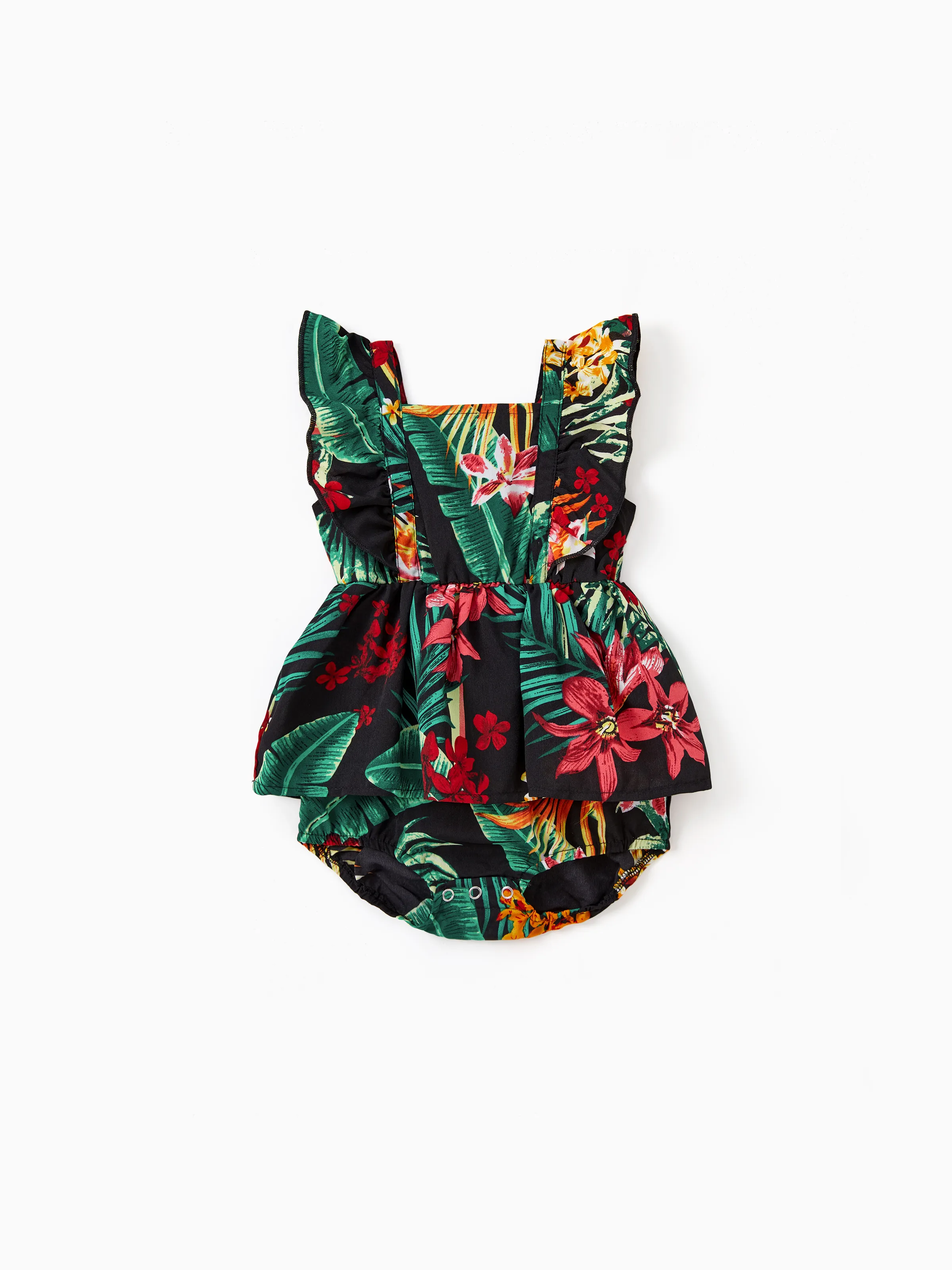 Family Matching Allover Plant Floral Print Halterneck Dresses and Short-sleeve Shirts Sets Black - Image 12