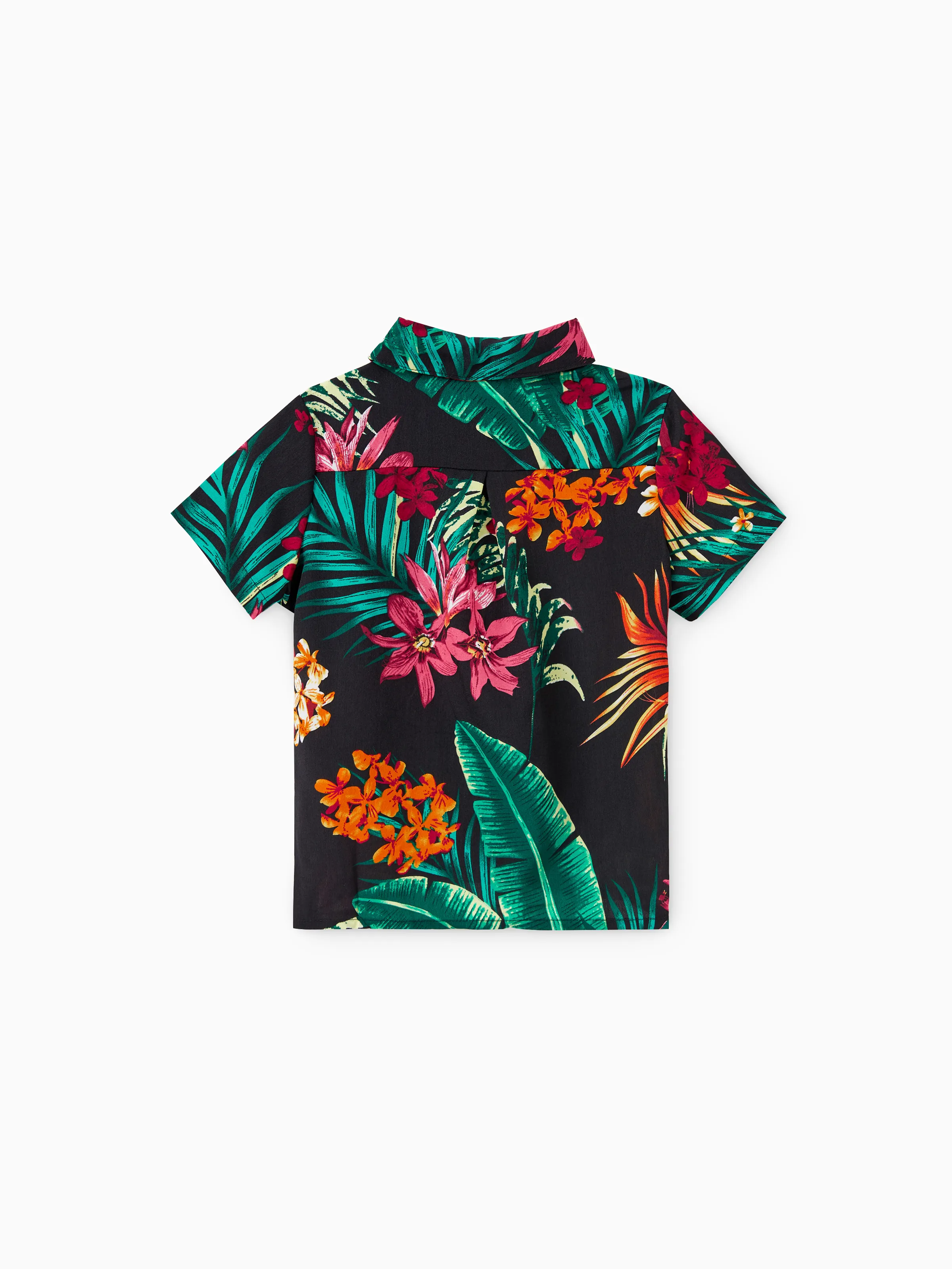 Family Matching Allover Plant Floral Print Halterneck Dresses and Short-sleeve Shirts Sets Black - Image 18