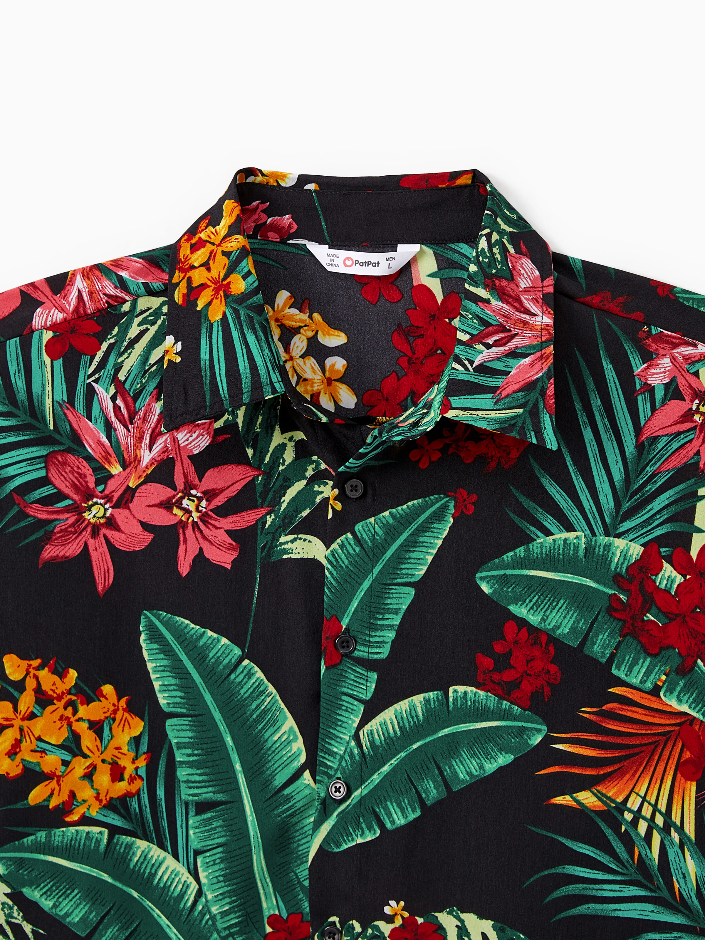 Family Matching Allover Plant Floral Print Halterneck Dresses and Short-sleeve Shirts Sets Black - Image 24
