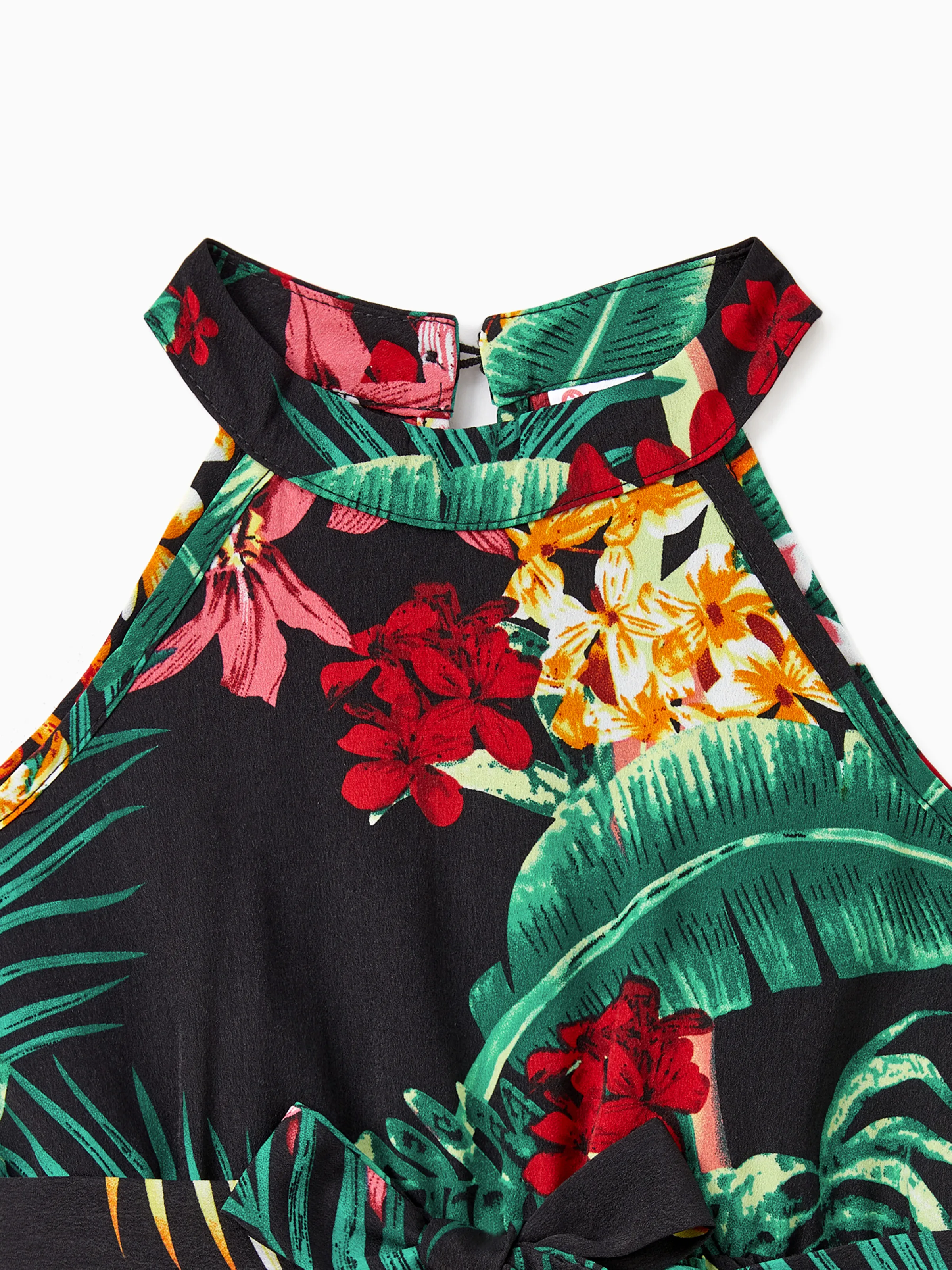 Family Matching Allover Plant Floral Print Halterneck Dresses and Short-sleeve Shirts Sets Black - Image 9