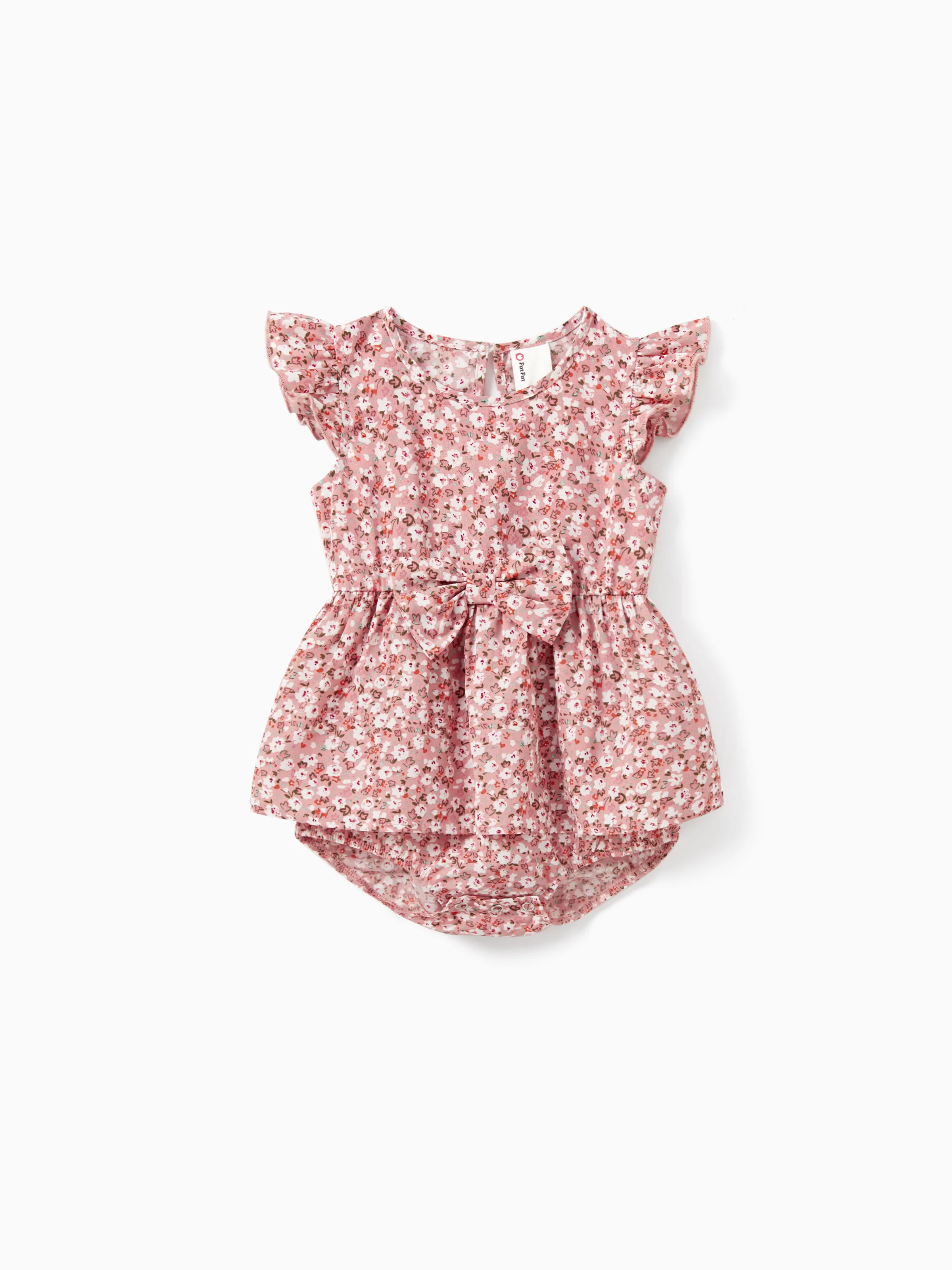 Family Matching Blue Cotton Colorblock Tee Shirt or Floral Print Smocking Puff-sleeve Dress Set Pink - Image 11