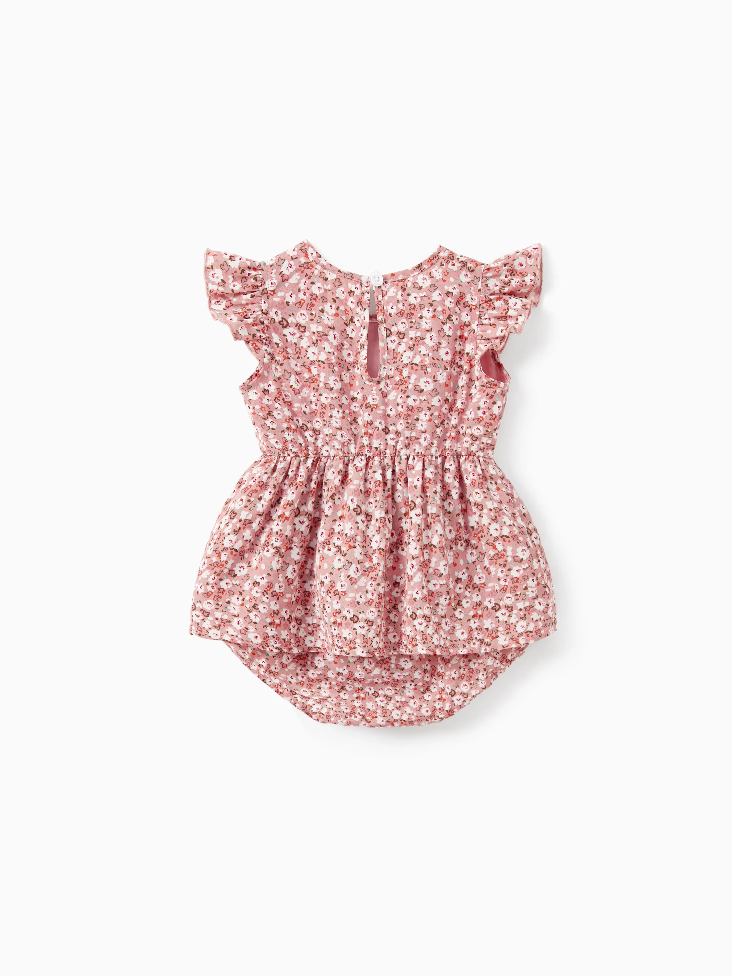 Family Matching Blue Cotton Colorblock Tee Shirt or Floral Print Smocking Puff-sleeve Dress Set Pink - Image 12
