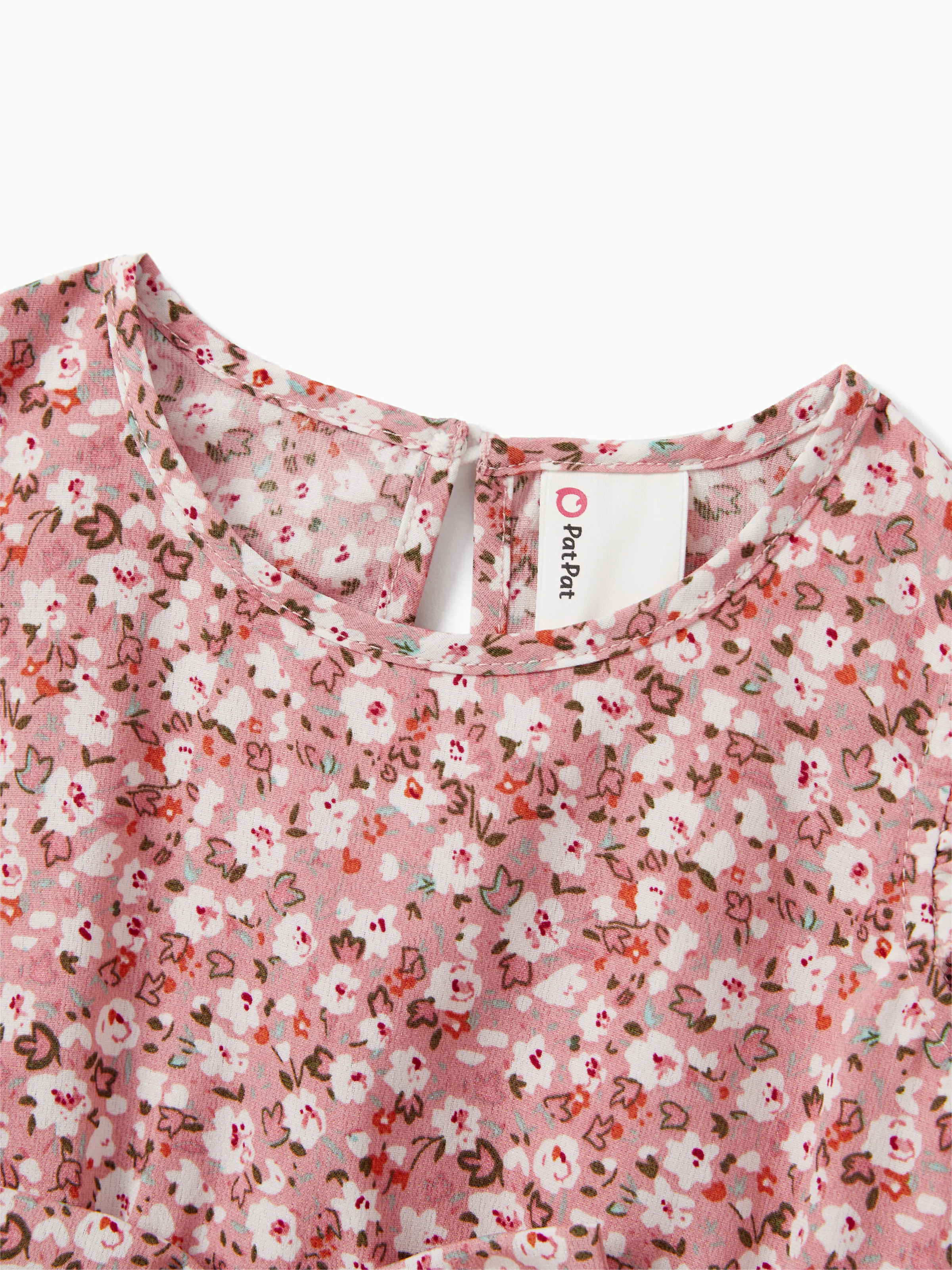 Family Matching Blue Cotton Colorblock Tee Shirt or Floral Print Smocking Puff-sleeve Dress Set Pink - Image 13