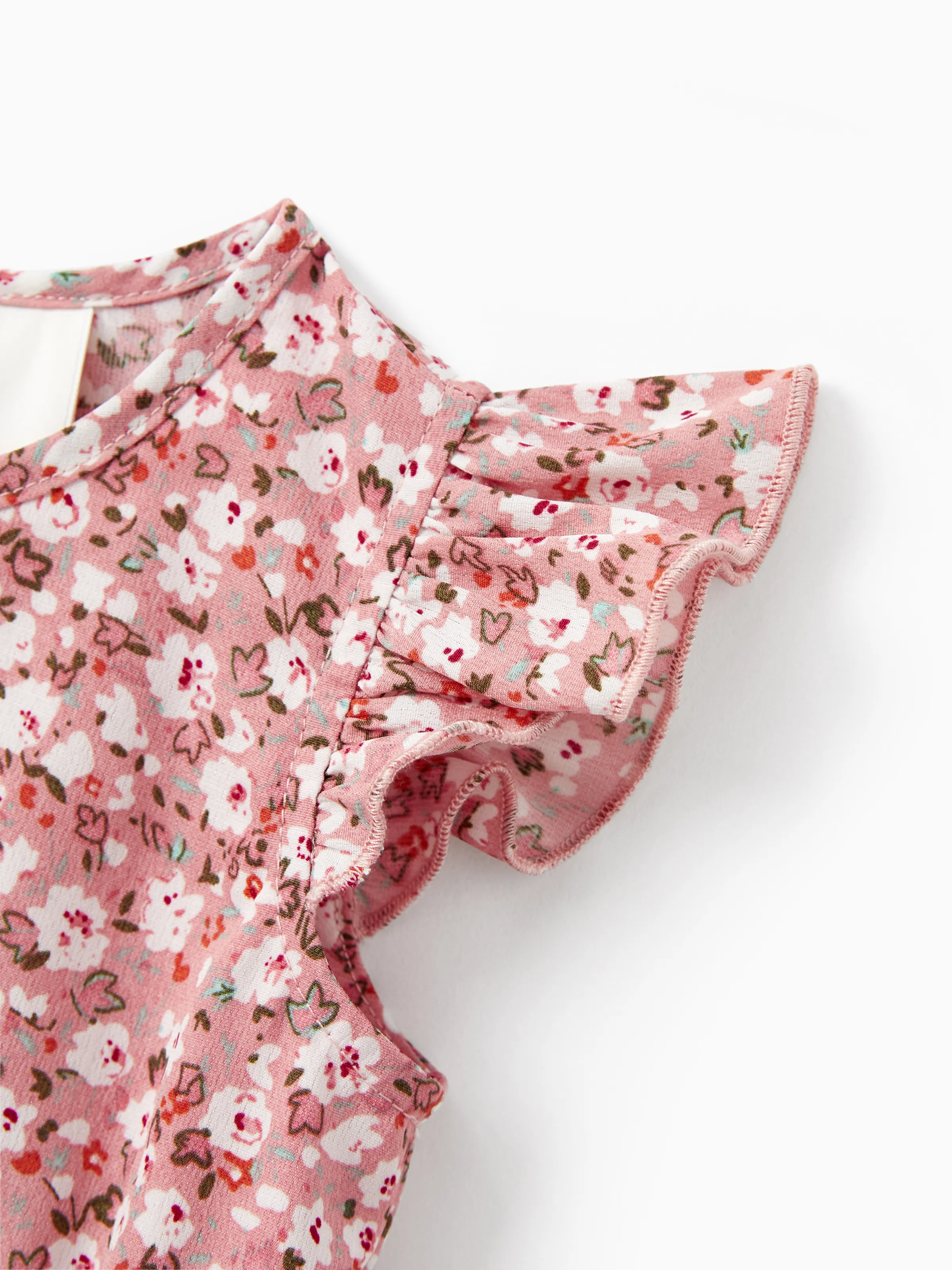 Family Matching Blue Cotton Colorblock Tee Shirt or Floral Print Smocking Puff-sleeve Dress Set Pink - Image 14