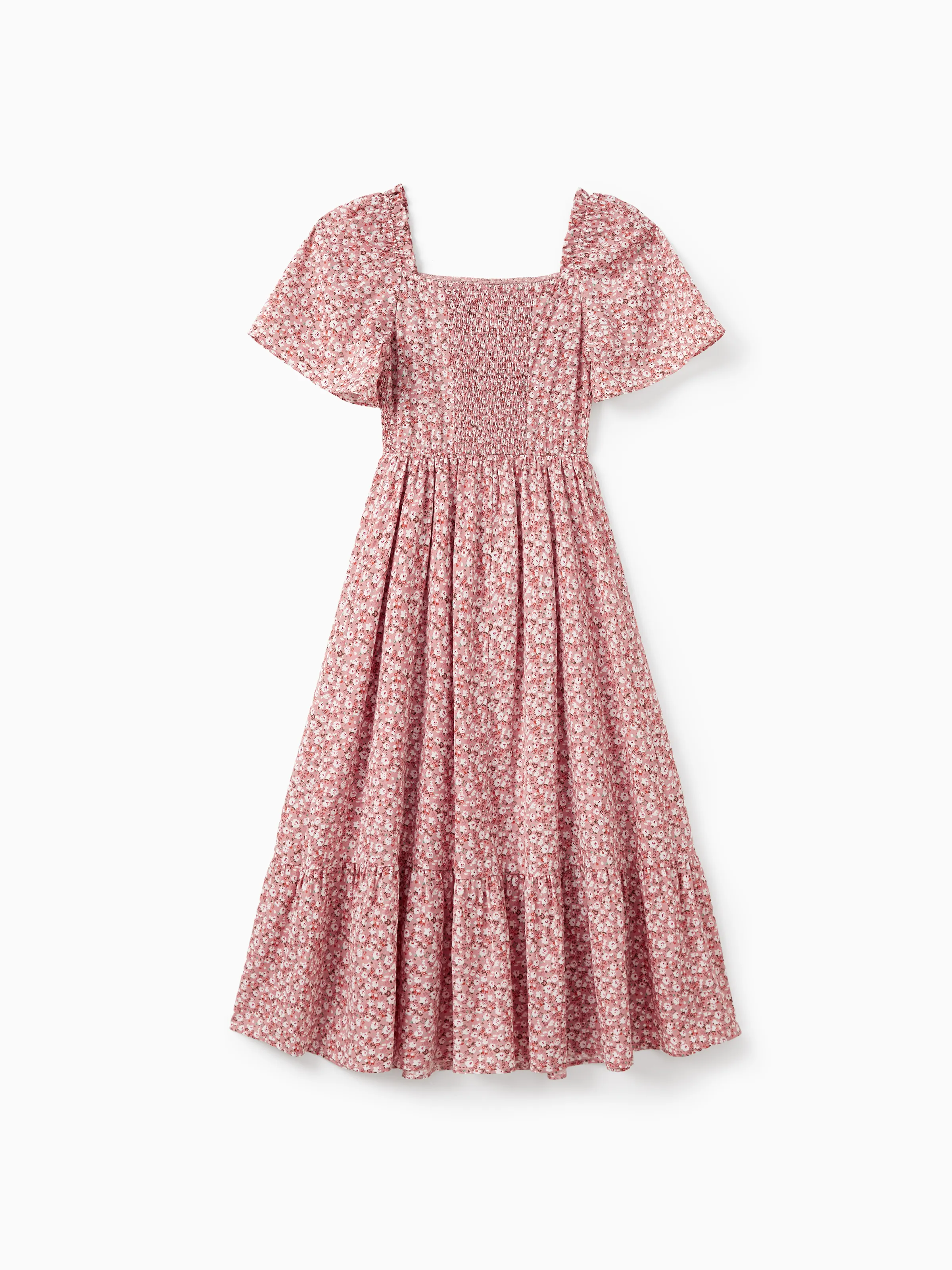 Family Matching Blue Cotton Colorblock Tee Shirt or Floral Print Smocking Puff-sleeve Dress Set Pink - Image 3