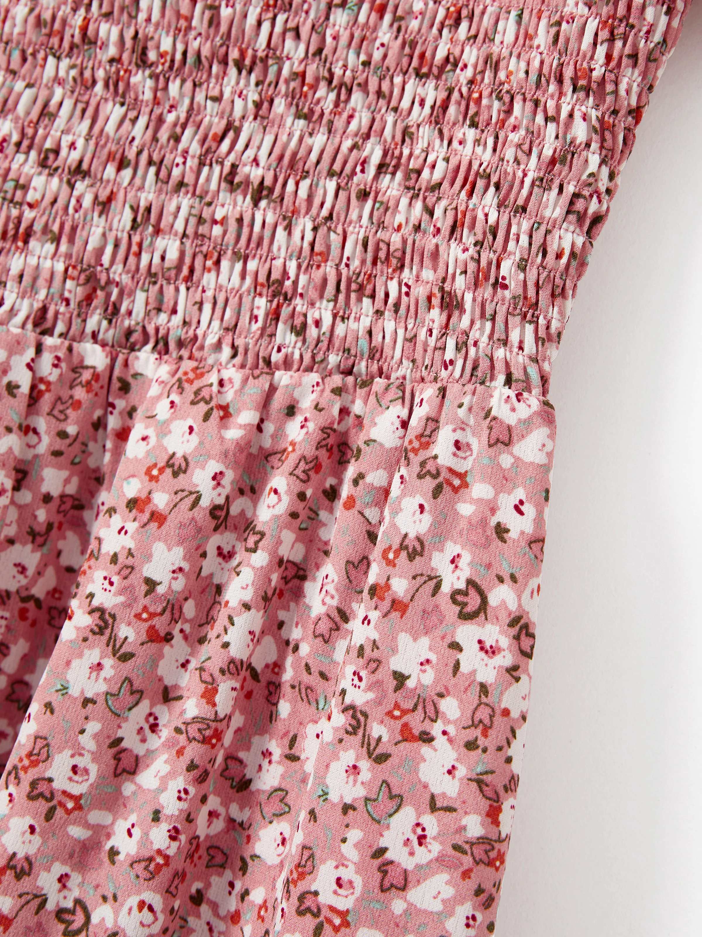 Family Matching Blue Cotton Colorblock Tee Shirt or Floral Print Smocking Puff-sleeve Dress Set Pink - Image 5