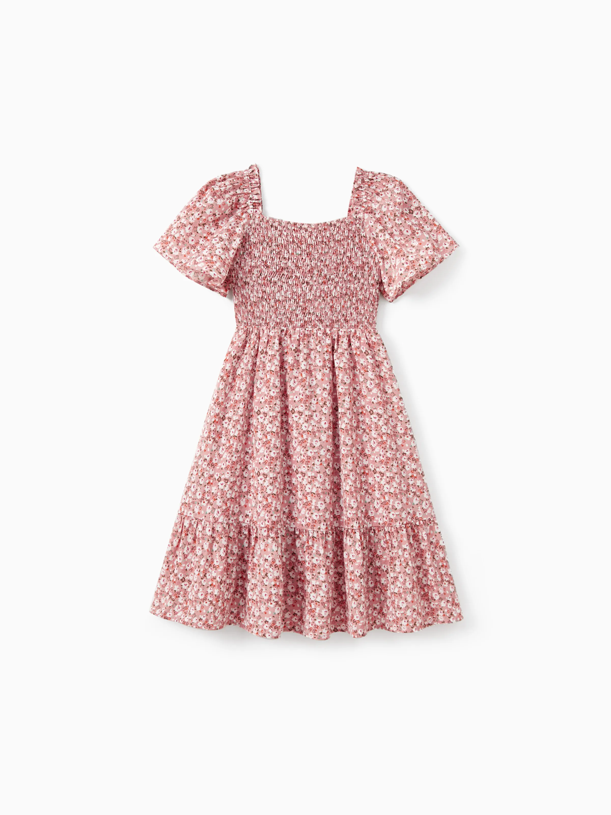 Family Matching Blue Cotton Colorblock Tee Shirt or Floral Print Smocking Puff-sleeve Dress Set Pink - Image 6