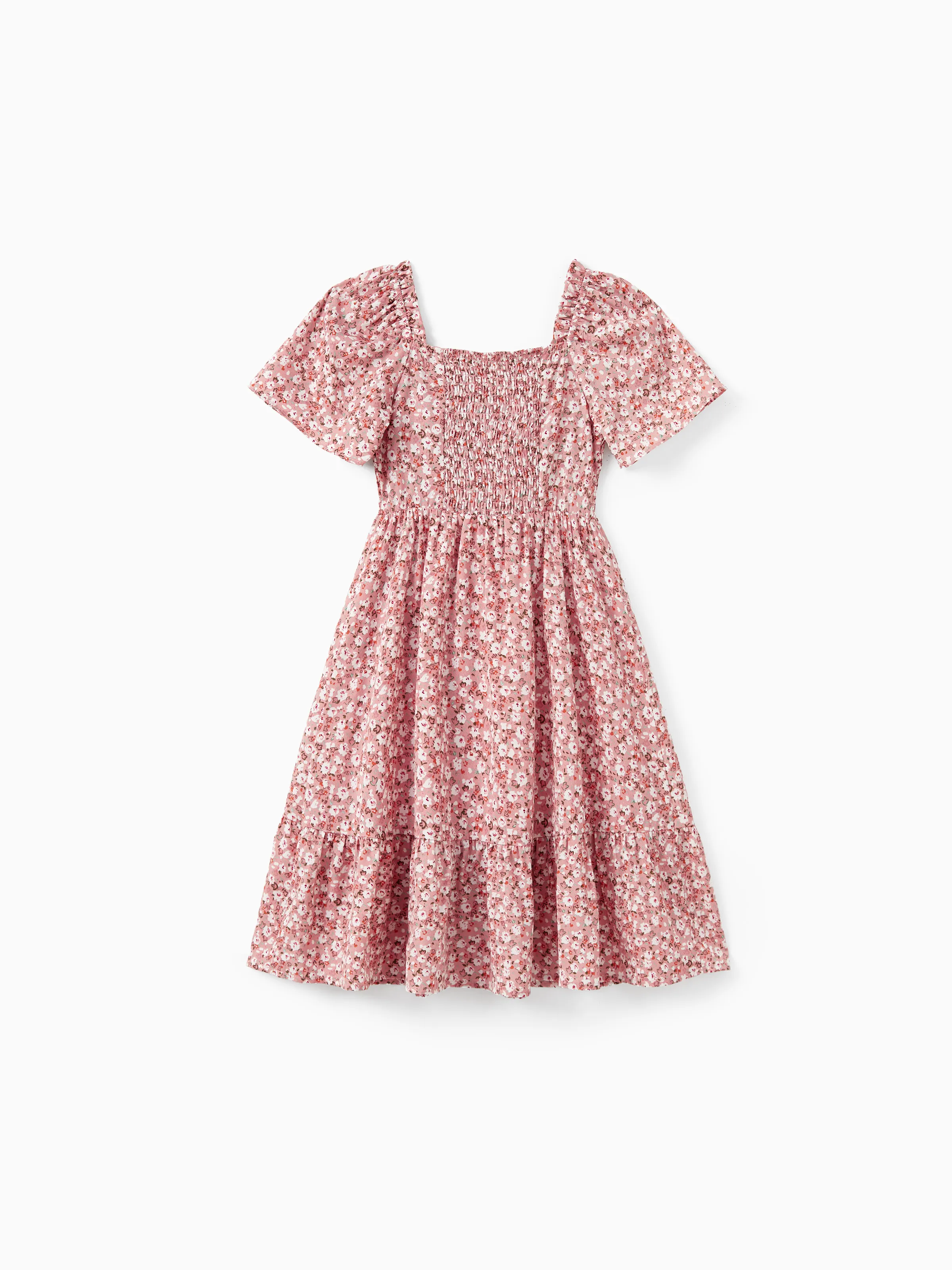 Family Matching Blue Cotton Colorblock Tee Shirt or Floral Print Smocking Puff-sleeve Dress Set Pink - Image 7