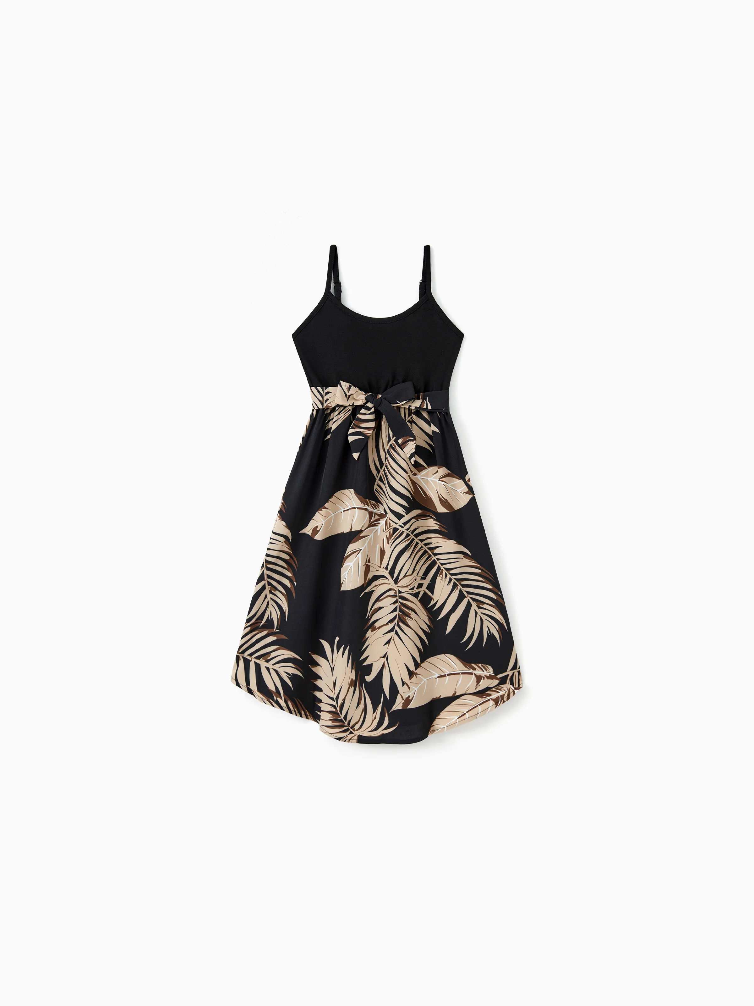 Family Matching Floral Print Belted Cami Dresses And Solid Short Sleeve Tops Sets Black - Image 8