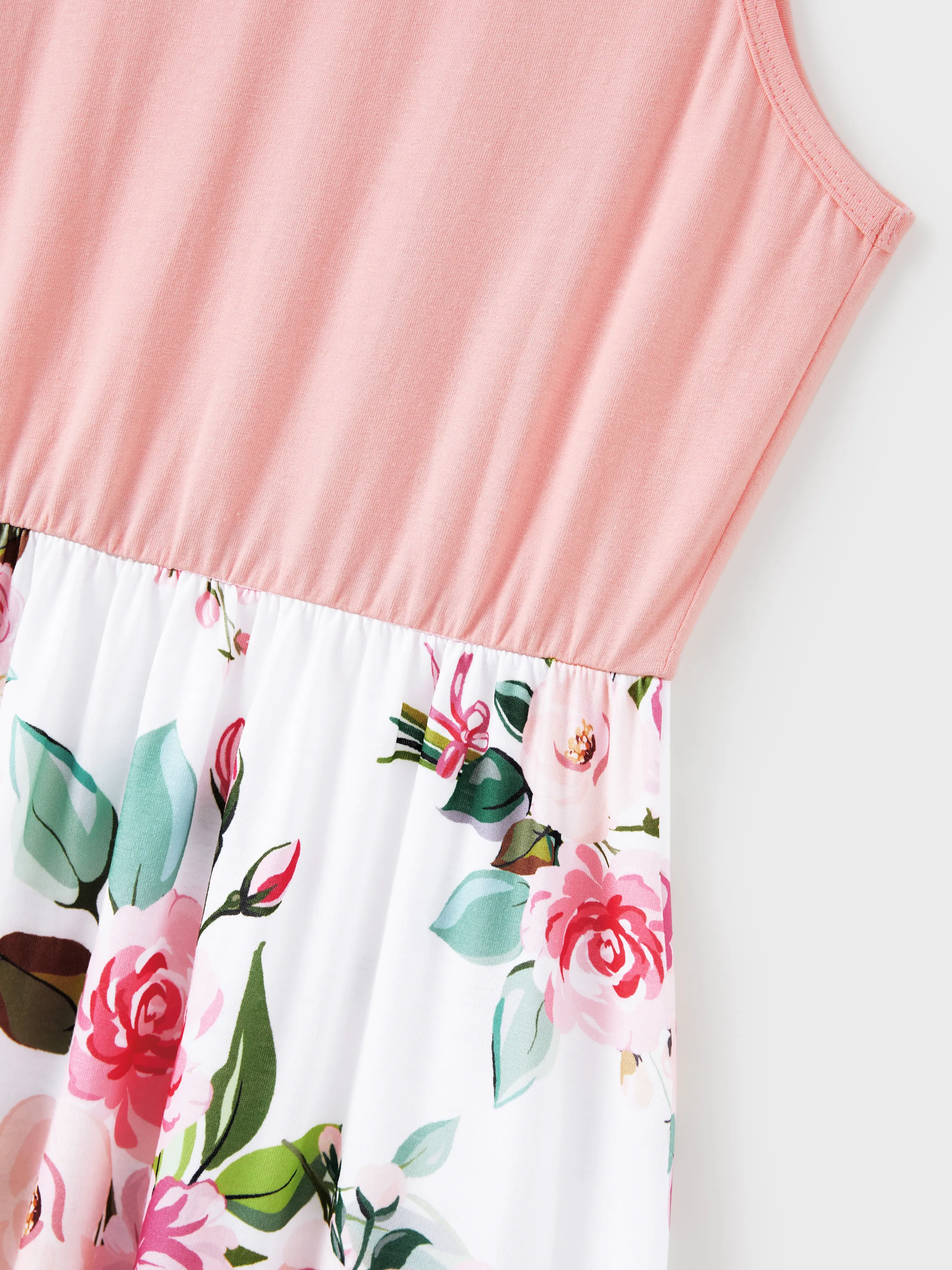 Family Matching Pink Sleeveless Splicing Floral Print Midi Dresses and Colorblock Short-sleeve Polo Shirts Sets Pink - Image 5
