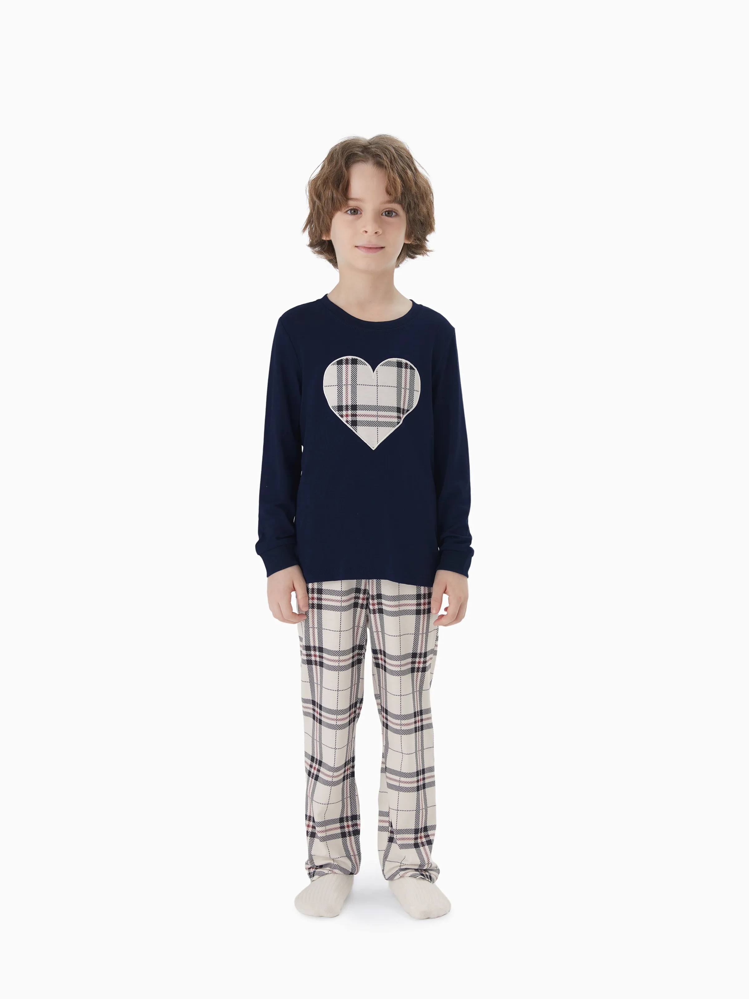 Family Matching School Grid Letter Print Patch Long Sleeve Pajamas Sets Blue - Image 9